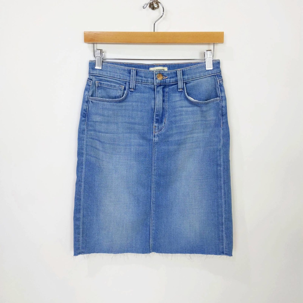 L'agence Size 25 Womens Denim Pencil Skirt Ripped Distressed Fringe Hem Blue